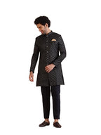 Kisah MenS Black Sherwani Trousers Set, Cotton Full Sleaves, Knee Length, Straight, Regular Fit, Mandarin Collar Ethnic Wear