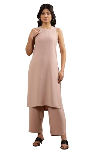 W For Woman Pink Sleeveless Solid Straight Kurta And Pants Set (Size: L)-24Fews30925-605638