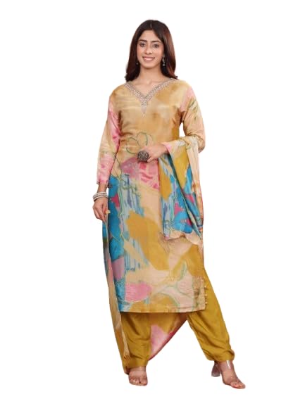 Varanga Women Mustard Pure Silk Gold Shimmer Floral Printed And Stones Embellishment Straight Kurta With Trousers And Dupatta