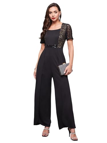 Miss Chase WomenS Square-Neck Half-Sleeve Self-Designed Panelled Jumpsuit (Mcss24D19-30-62-02, Black, Xs)