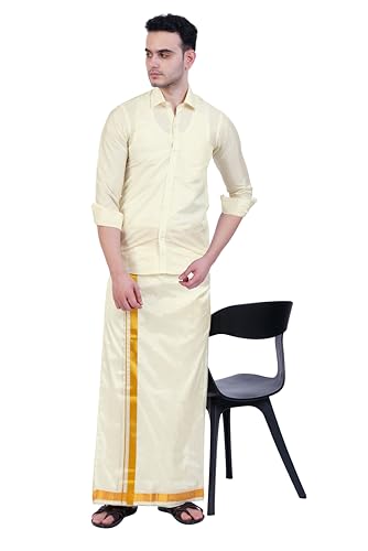 PRAKASAM COTTON Mens Blended Silk type Jari Dhoti/Double dhoti