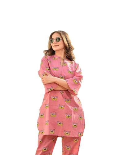 Pujia Mills Co Ord Set For Woman Cotton Stylish Printed Ethnic Wear Cotton Kurti Pair With V Neck Collor And 3/4 Sleeve Length P