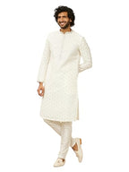 Manyavar Warm White Art Silk Digital Printed Kurta Pyjama Set For Men
