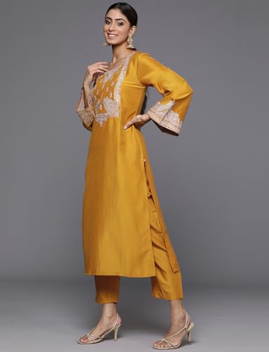 Varanga Women Mustard Embroidered Straight Kurta Paired With Tonal Bottom And Dupatta