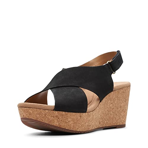 clarks Womens Annadel Eirwyn Wedge Sandal, Black Nubuck, 7 W US
