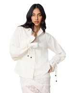 The Souled Store Cotton Linen: Ivory Women and Girls Long Sleeves Collared Neck Button Front Solid Regular Fit Cotton Linen Shir