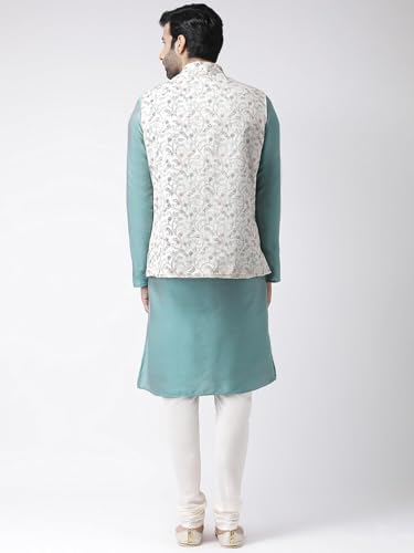 Kisah Men Green White Printed Kurta With Churidar, Full Sleaves, Knee Length, Straight, Regular Fit, Mandarin Collar Ethnic Wear