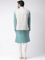 Kisah Men Green White Printed Kurta With Churidar, Full Sleaves, Knee Length, Straight, Regular Fit, Mandarin Collar Ethnic Wear