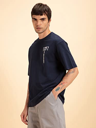 Bewakoof MenS Graphic Printed 100% Cotton T-Shirt - Oversized Fit, Round Neck, Half Sleeves Blue