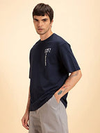 Bewakoof MenS Graphic Printed 100% Cotton T-Shirt - Oversized Fit, Round Neck, Half Sleeves Blue