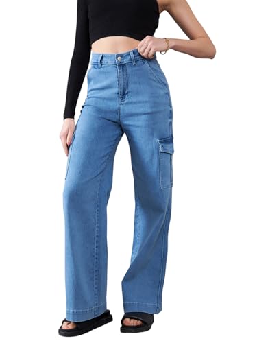Dolce Crudo WomenS Wide-Leg High-Rise Regular-Length Stretchable Flared Cargo Style Denim Jeans,(Doss22Den12-36-388-26, Pale Blu
