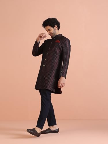 Kisah MenS Maroon And Navy Blue Indo-Western Sherwani Trousers Set, Cotton Full Sleaves, Knee Length, Straight, Regular Fit, Ma