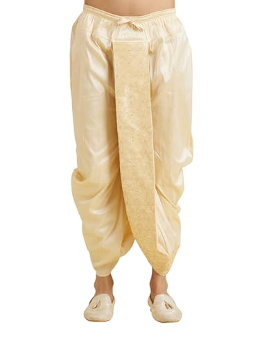 Manyavar MenS Embroidered Art Silk Readymade Stiched Dhoti (Beige,One Size)
