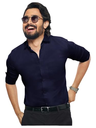 Pinkmint Casual Shirt for Men Stylish Mens Shirt Soild Regular Fit Long Sleeve Formal Wear Navy Blue