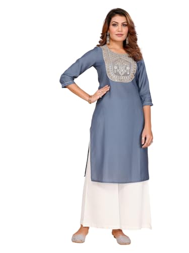 Rangita Grey Viscose Poly Straight Embroidered Calf Length Kurti | Kurta For Women_Xl