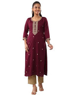 Libas WomenS Silk Blend Embroidered Straight Kurta (58264_Maroon
