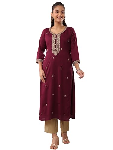 Libas WomenS Silk Blend Embroidered Straight Kurta (58264_Maroon