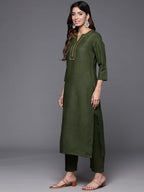 Varanga WomenS Olive Green Gota Embellished Straight Kurta Paired With Tonal Bottom & Dupatta