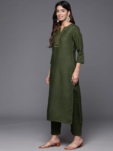 Varanga WomenS Olive Green Gota Embellished Straight Kurta Paired With Tonal Bottom & Dupatta