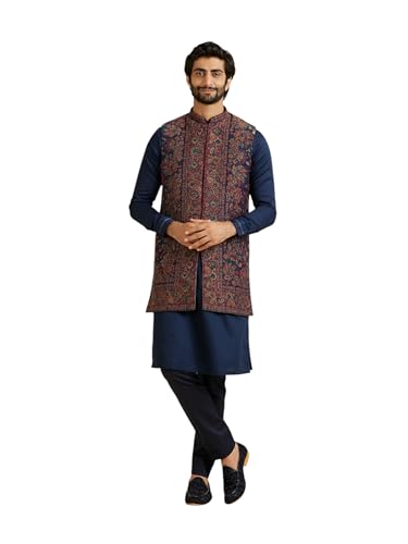Manyavar MenS Wool Blend Floral Weave Kurta Jacket Set (Dark Blue,L)