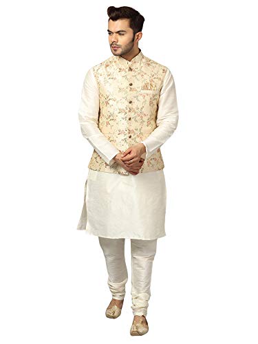 Uri And Mackenzie MenS Solid Silk Blend Kurta Set With Stylish Embroidered Ethnic Jacket (40,OffWhite/Emb10) 40