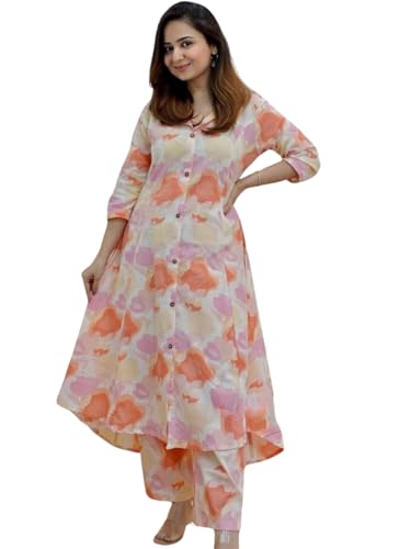 GRECIILOOKS Womens A-Line Rayon Regular Fit Kurta Set (Orange, Xx-Large)