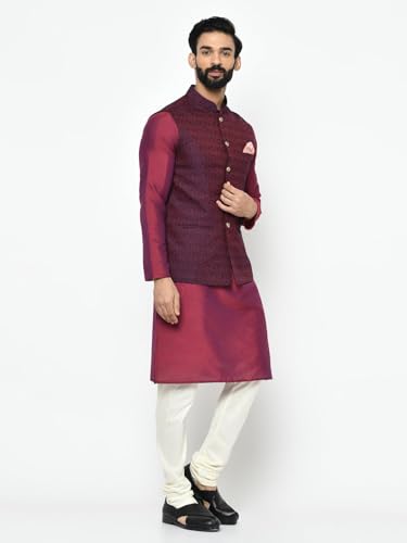 Kisah Men Maroon Off-White Solid Kurta Churidar With Nehru Jacket, Full Sleaves, Knee Length, Straight, Regular Fit, Mandarin Co