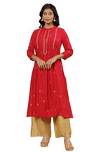 W Women Red Festive Geometric Print Viscose Straight Kurta Set With Parallel Pant_24Onws13896-114870_M