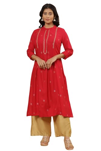 W Women Red Festive Geometric Print Viscose Straight Kurta Set With Parallel Pant_24Onws13896-114870_M