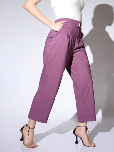 Leriya Fashion Trousers For Women || Solid Bi-Stretch Straight Trousers With 2 Front Pockets & Decorative Buckle || For Office |
