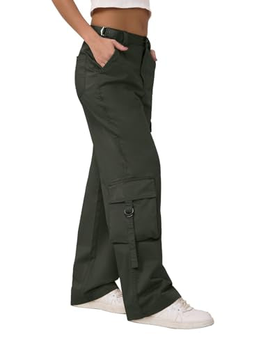 The Souled Store Utility Pants: Olive Women and Girls Buttoned Cotton Straight Fit Cargo Pants
