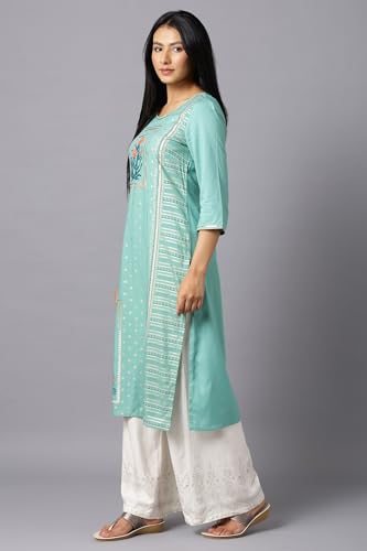 Aurelia Women?? Mughal Printed Thread Embroidery Straight Kurta | Lightweight Round Neck Kurta For Women | Mughal Printed Kurta For Women | Beautiful Regular Fit Kurta For Women