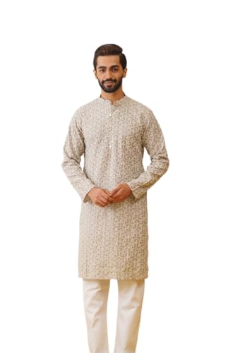 Jompers MenS Grey Chikankari Embroidered Kurta Pyjama Set. (Grey, L)
