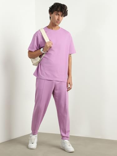 Nobero MenS Mauve Oversized Moses Co-Ord Set - Pink Popcorn Textured Co-Ord Set - Crew-Neck T-Shirt & Joggers Set - Oversized F