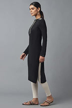 W For Woman Jet Black Embroidered Winter Kurta