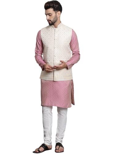 Sojanya (Since 1958 MenS Ethnic Motifs Woven Design Silk Blend Kurta & Churidar With Cream Nehru Jacket Size-38