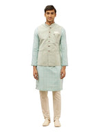 Manyavar Mens Blue Brocade Jacquard Jacket