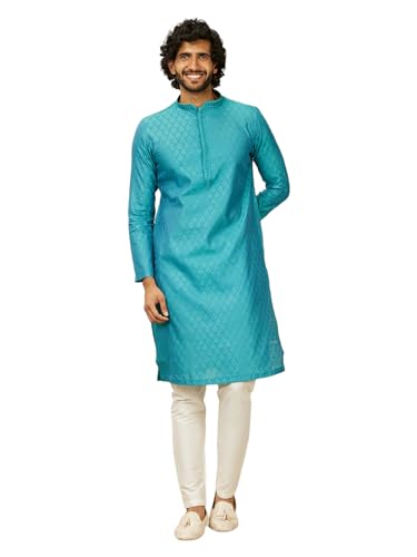 Manyavar Turquoise Blue Blended Viscose Embroidery|Stone Work Kurta Pyjama Set For Men