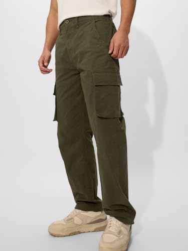 The Souled Store Solids: Olive Green Blue Men and Boys Camo Print Regular Fit 100% Cotton Cargo Pants - Lightweight Hiking Jogge