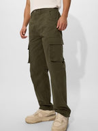 The Souled Store Solids: Olive Green Blue Men and Boys Camo Print Regular Fit 100% Cotton Cargo Pants - Lightweight Hiking Jogge