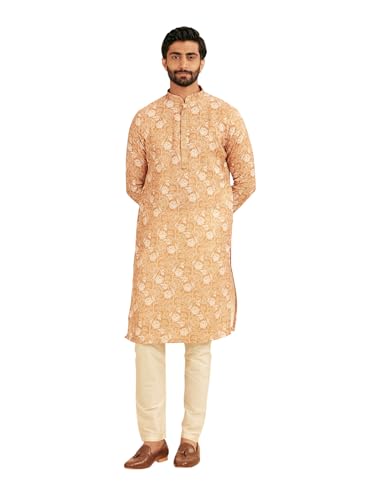 Manyavar MenS Cotton Blend Flowers Printed Casual Kurta Set (Mustard,Xxl)