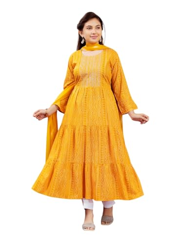 Aarika Girls Casual Wear Yellow Colour Cotton Bandhej Kurti (9-16 Years)