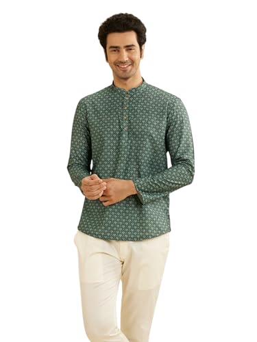 Manyavar Blended Cotton MenS Floral Print Short Kurta (Green,Xxxl)