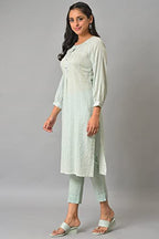 Aurelia Women Aqua Green Leno Stripe Kurta