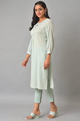 Aurelia Women Aqua Green Leno Stripe Kurta