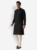 Kisah Men Midnight Black Kurta Full Sleaves, Knee Length, Straight, Regular Fit, Mandarin Collar Ethnic Wear