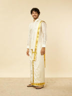 Manyavar Mens Cream Silk Solid Kurta Veshti Set