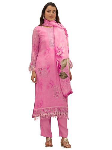 Libas Womens Embroidered Organza Straight Kurta With Trousers And Dupatta