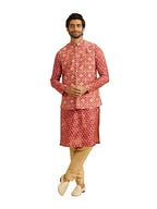 Manyavar MenS Viscose Blend Foil & Digital Print Kurta Jacket Set (Coral,L)