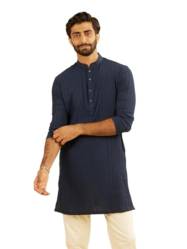 Manyavar MenS Spandex Textured Mid Length Kurta(Dark Blue,Xl)